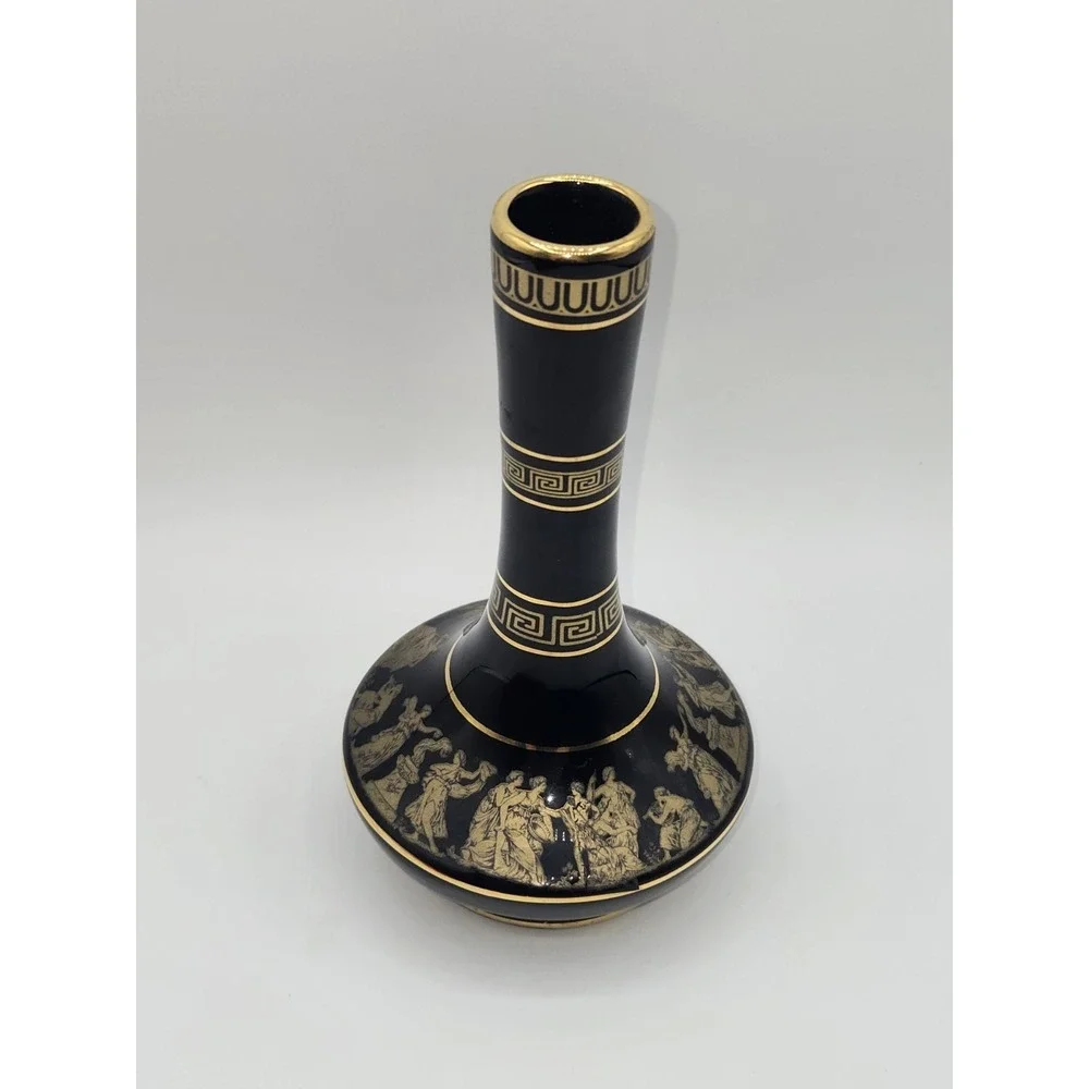 Greek Porcelain Vase‎ Black Gold 24K Gilt Classical Greek Scene Hand Made Greece